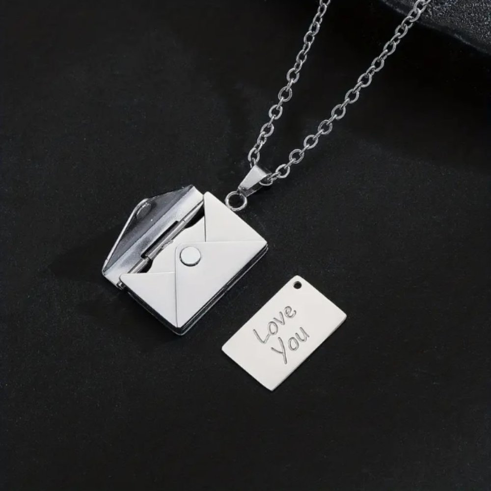 Envelope Locket Necklace with Secret Message "Love You" (Silver)